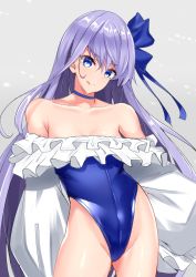 Rule 34 | 1girl, bare shoulders, blue eyes, blue one-piece swimsuit, blue ribbon, breasts, choker, cleavage, closed mouth, collarbone, covered navel, fate/grand order, fate (series), frills, grey background, hair between eyes, hair ribbon, highleg, highleg swimsuit, highres, licking lips, long hair, long sleeves, looking at viewer, meltryllis, meltryllis (fate), meltryllis (swimsuit lancer) (fate), meltryllis (swimsuit lancer) (second ascension) (fate), one-piece swimsuit, puffy sleeves, purple hair, ribbon, sankakusui, simple background, sleeves past fingers, sleeves past wrists, small breasts, smile, solo, swimsuit, tongue, tongue out, very long hair