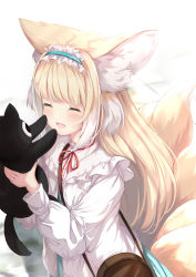 Rule 34 | 1girl, :d, ^ ^, absurdres, animal, animal ear fluff, animal ears, arknights, bag, black cat, blonde hair, blue hairband, blue skirt, blush, cat, closed eyes, commentary request, crossover, emimeku, fox ears, fox girl, fox tail, frilled hairband, frills, hairband, high-waist skirt, highres, holding, holding animal, jacket, kitsune, long hair, long sleeves, luo xiaohei, multicolored hair, neck ribbon, open clothes, open jacket, open mouth, puffy long sleeves, puffy sleeves, red ribbon, ribbon, shirt, shoulder bag, skirt, smile, suzuran (arknights), suzuran (spring praise) (arknights), tail, luo xiaohei zhanji, two-tone hair, very long hair, white hair, white jacket, white shirt