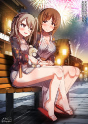 Rule 34 | 2girls, bench, blonde hair, blush, boko (girls und panzer), breasts, brown eyes, brown hair, cleavage, closed mouth, fireworks, girls und panzer, grey eyes, highres, japanese clothes, kimono, large breasts, legs, long hair, looking at another, megadeko, multiple girls, night, nishizumi miho, open mouth, outdoors, park bench, sandals, shimada arisu, shiny skin, short hair, sitting, sky, small breasts, smile, stuffed toy, yukata