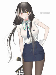 Rule 34 | 1girl, alternate costume, black hair, black pantyhose, blue necktie, blush, breasts, girls&#039; frontline, gloves, gradient hair, heterochromia, highres, large breasts, long hair, looking at viewer, low twintails, mouth hold, multicolored hair, necktie, pantyhose, phago, red eyes, ro635 (girls&#039; frontline), shirt, short sleeves, simple background, solo, sweatdrop, twintails, white background, white gloves, white hair, white shirt, yellow eyes