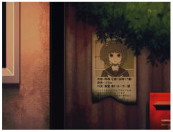 Rule 34 | amemori sayo, blunt bangs, blurry, bob cut, border, building, burnt, character name, collarbone, commentary request, depth of field, fence, hatyuuruinohito, leaf, missing poster, nijisanji, one side up, outdoors, postbox (outgoing mail), school uniform, serafuku, short hair, translation request, tree, twilight, virtual youtuber, white border, wooden fence