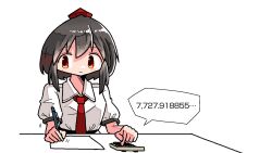 Rule 34 | 1girl, black hair, calculator, closed mouth, collared shirt, hat, highres, kasuya baian, math, necktie, paper, pen, puffy short sleeves, puffy sleeves, red eyes, red hat, red necktie, shameimaru aya, shirt, short hair, short sleeves, simple background, solo, speech bubble, tareme, tokin hat, touhou, white background, white shirt