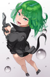 Rule 34 | 1girl, ass, black dress, blush, commentary request, curly hair, dress, from above, go robots, green eyes, green hair, looking at viewer, looking up, matching hair/eyes, no panties, one-punch man, short hair, simple background, solo, tatsumaki, telekinesis, wet, wet clothes, white background