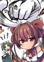 Rule 34 | 2girls, absurdres, animal ears, animal hat, apron, bell, blush, bow, breasts, brown eyes, brown hair, cat ears, cat hat, cleavage, clenched hand, closed mouth, commentary request, dejiko, di gi charat, dice hair ornament, dutch angle, dyson (edaokunnsaikouya), eating, food, green eyes, green hair, hair bell, hair between eyes, hair bow, hair ornament, hat, highres, holding, holding food, jingle bell, long hair, looking at viewer, majin gappa, mittens, mochi, multiple girls, parted bangs, puffy short sleeves, puffy sleeves, punching, rabbit ears, red bow, shirt, short sleeves, small breasts, twintails, two side up, usada hikaru, white apron, white background, white hat, white mittens, white shirt