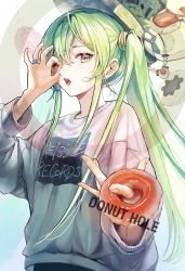 Rule 34 | 1girl, absurdres, clothes writing, commentary request, donut hole (vocaloid), doughnut, english text, food, green eyes, green hair, hair between eyes, hatsune miku, highres, jewelry, long hair, long sleeves, looking at viewer, ok sign, ok sign over eye, open mouth, pipi, ring, solo, sweater, twintails, upper body, vocaloid, white sweater