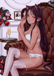 Rule 34 | 1girl, animal ears, artist name, artist self-reference, bra, breasts, brown hair, cat ears, chair, cleavage, collarbone, cup, drinking glass, earrings, feet out of frame, fkey, flower, garter belt, hands up, highres, indoors, jewelry, long hair, looking at viewer, low-tied long hair, medium breasts, nail polish, navel, original, panties, pink nails, red eyes, red flower, red rose, rose, sitting, solo, stomach, table, thighhighs, thighs, underwear, underwear only, very long hair, white bra, white panties, white thighhighs, wine glass