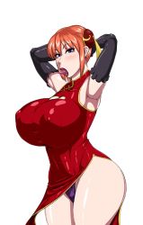 Rule 34 | 1girl, breasts, china dress, chinese clothes, cleavage, cleavage cutout, clothing cutout, dress, gintama, huge breasts, kagura (gintama), looking at viewer, ml, orange hair, panties, side slit, solo, tongue, tongue out, underwear