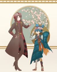 Rule 34 | blue hair, brown coat, brown hair, brown pants, brown shirt, cherry blossoms, closed eyes, coat, commentary, english commentary, facing another, floral background, flower wreath, full body, head wreath, high heels, kashuu kiyomitsu, long sleeves, looking at another, medium hair, mikadraws, pants, sayo samonji, shirt, short hair, slippers, smile, tagme, touken ranbu, white shirt