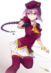 Rule 34 | 1girl, apo (apos2721), bracelet, braid, gun, hat, highres, jewelry, long hair, looking at viewer, melty blood, puffy short sleeves, puffy sleeves, purple eyes, purple hair, short sleeves, single braid, sion eltnam atlasia, skirt, solo, thighhighs, tsukihime, type-moon, very long hair, weapon, white skirt, zettai ryouiki