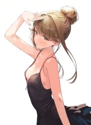 Rule 34 | 1girl, arm up, bare shoulders, black dress, breasts, brown eyes, commentary request, dress, expressionless, hair bun, idolmaster, idolmaster million live!, long hair, looking to the side, simple background, single hair bun, sleeveless, sleeveless dress, small breasts, solo, tenkuubashi tomoka, upper body, white background, yoropa