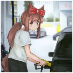 Rule 34 | 1girl, agnes digital (umamusume), alternate costume, animal ears, balladeluce, blurry, blurry background, blush, border, bow, car, commentary request, gas pump, gas station, grey eyes, hair ornament, hairclip, highres, horse ears, horse girl, horse tail, long hair, looking at viewer, motor vehicle, parted lips, pink hair, ponytail, red bow, solo, sweat, tail, twitter username, umamusume, white border