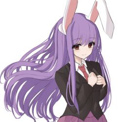 Rule 34 | 1girl, 7saki, animal ears, bad id, bad twitter id, black jacket, breasts, closed mouth, collared shirt, commentary request, floating hair, hands on own chest, jacket, light blush, long hair, long sleeves, looking at viewer, medium breasts, necktie, pleated skirt, purple hair, purple skirt, rabbit ears, red eyes, red necktie, reisen udongein inaba, shirt, simple background, skirt, smile, solo, suit jacket, touhou, upper body, very long hair, white background, wing collar