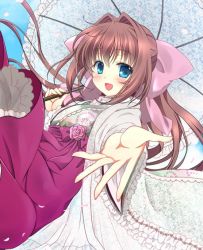 Rule 34 | 1girl, asakura otome, blue eyes, blush, bow, breasts, brown hair, cherry blossoms, commentary request, da capo, da capo ii, floating hair, hair between eyes, hair bow, holding, holding umbrella, kayura yuka, long hair, long sleeves, looking at viewer, open mouth, outstretched arm, parasol, pink bow, sidelocks, small breasts, smile, solo, umbrella, wide sleeves