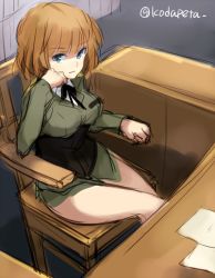 Rule 34 | 10s, 1girl, bad id, bad twitter id, blue eyes, brave witches, chair, desk, gundula rall, kodamari, long sleeves, military, military uniform, orange hair, short hair, sitting, solo, strike witches, twitter username, uniform, world witches series