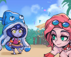 Rule 34 | 2girls, :o, animal hat, ashe (league of legends), barefoot, blue hair, blue skin, breasts, colored skin, day, eyewear on head, green eyes, hat, holding, innertube, large breasts, league of legends, lulu (league of legends), medium hair, multiple girls, musical note, ocean song ashe, octopus hair ornament, one-piece swimsuit, outdoors, people, phantom ix row, pink hair, pink one-piece swimsuit, pool party lulu, smile, sunglasses, swim ring, swimsuit, yordle
