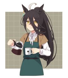Rule 34 | 1girl, ahoge, apron, black hair, brown sweater, closed mouth, coffee, coffee cup, coffee pot, collared shirt, cup, disposable cup, earrings, hair between eyes, holding, holding cup, jewelry, long hair, long sleeves, looking at viewer, manhattan cafe (umamusume), multicolored hair, nm222hz, ponytail, shirt, single earring, smile, solo, streaked hair, sweater, twitter username, umamusume, white shirt, yellow eyes