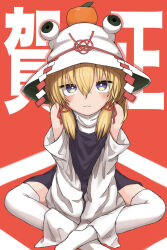Rule 34 | 1girl, :3, absurdres, bare shoulders, blonde hair, blue eyes, blush, bucket hat, detached sleeves, food, food on head, fruit, fruit on head, hat, highres, looking at viewer, mandarin orange, moriya suwako, neritch, new year, object on head, purple skirt, red background, ringed eyes, sidelocks, sitting, skirt, sleeves past wrists, solo, text background, thighhighs, touhou, v arms, white hat, white thighhighs