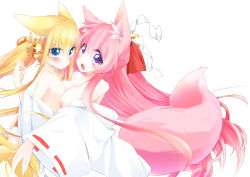 Rule 34 | 2girls, animal ears, asymmetrical docking, bare shoulders, bell, blonde hair, blue eyes, blush, breast press, breasts, cleavage, flat chest, fox ears, fox tail, long hair, mao (alepricos), medium breasts, multiple girls, nipples, open mouth, original, pink hair, shide, tail, very long hair