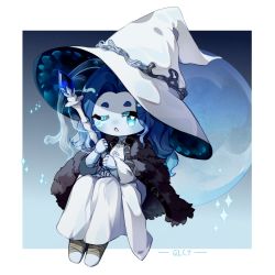 Rule 34 | 1girl, blue eyes, blue hair, blue skin, blush, cape, chibi, colored skin, covered face, doll joints, dress, elden ring, full moon, goldlionchiyou, hat, highres, holding, holding staff, invisible chair, jewelry, joints, large hat, looking at viewer, moon, one eye closed, parted lips, ranni the witch, ring, sitting, solo, staff, white dress, white hat, witch hat