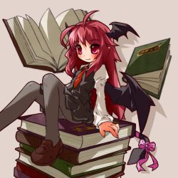 Rule 34 | 1girl, ahoge, artist request, bat wings, black pantyhose, black skirt, black vest, blush, book, book stack, bow, brown footwear, collared shirt, commentary request, demon tail, dot nose, dress shirt, eyes visible through hair, fang, fang out, floating, floating book, floating object, foot out of frame, head wings, juliet sleeves, koakuma, loafers, long hair, long sleeves, mini person, minigirl, necktie, open book, pantyhose, pink ribbon, pointy ears, puffy sleeves, red eyes, red hair, red necktie, ribbon, shirt, shoes, sitting, sitting on books, skirt, skirt set, smile, solo, tail, tail bow, tail ornament, tail ribbon, touhou, very long hair, vest, white shirt, wings