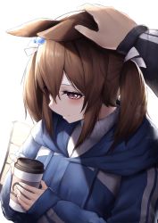 Rule 34 | 1girl, 1other, absurdres, animal ears, backlighting, blush, brown hair, coffee cup, commentary request, cup, disposable cup, hair bobbles, hair ornament, headpat, highres, hinamayo, hishi akebono (umamusume), hood, hood down, hoodie, horse ears, horse girl, jacket, light smile, long sleeves, looking down, pink eyes, pov, pov hands, solo focus, track jacket, twintails, umamusume