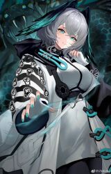 Rule 34 | 1girl, absurdres, aqua eyes, aqua nails, aqua sclera, aqua wings, arknights, between breasts, breasts, coat, colored sclera, crossed legs, dress, fangs, feathered wings, fingerless gloves, fingernails, gloves, grey hair, hair between eyes, head wings, highres, ho&#039;olheyak (arknights), infection monitor (arknights), large breasts, long coat, long sleeves, looking at viewer, open clothes, open coat, open mouth, scales, sharp fingernails, short hair, sidelocks, smile, snake, solo, strap between breasts, ufoliving, upper body, white dress, white gloves, wings