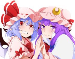 Rule 34 | 2girls, bat wings, blue hair, bow, capelet, commentary request, crescent, crescent hair ornament, eichi yuu, frilled shirt collar, frills, hair bow, hair ornament, hat, holding hands, long hair, looking at viewer, mob cap, multiple girls, pajamas, patchouli knowledge, puffy short sleeves, puffy sleeves, purple eyes, purple hair, red eyes, remilia scarlet, short hair, short sleeves, striped, touhou, upper body, white background, wings