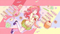 Rule 34 | 1girl, cardigan, doughnut, food, highres, kneehighs, long hair, macaron, momoi airi, official art, one eye closed, pink hair, project sekai, red eyes, school uniform, shoes, skirt, smile, socks, solo, tongue, tongue out, two side up, wagashi