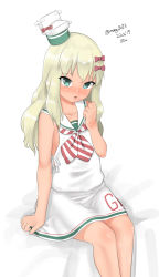Rule 34 | 1girl, absurdres, blonde hair, bow, dated, dress, feet out of frame, grecale (kancolle), green eyes, highres, kantai collection, long hair, looking at viewer, maru (marg0613), neckerchief, pink bow, ribbon, sailor collar, sailor dress, side-tie dress, simple background, sitting, sleeveless, sleeveless dress, solo, striped neckerchief, tan, twitter username, wavy hair, white background, white dress, white ribbon, white sailor collar