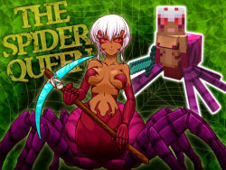 Rule 34 | 1girl, arthropod girl, breasts, convenient censoring, dark-skinned female, dark skin, extra eyes, insect girl, large breasts, minecraft, navel, nude, pickaxe, red eyes, short hair, solo, spider girl, white hair