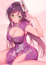 Rule 34 | 10s, 1girl, arm up, armpits, bare arms, bare legs, between fingers, blush, breasts, china dress, chinese clothes, cleavage, cleavage cutout, closed mouth, clothing cutout, dress, eyelashes, green eyes, holding, large breasts, long hair, looking at viewer, love live!, love live! school idol festival, love live! school idol project, low twintails, nagareboshi, purple dress, purple hair, scrunchie, side slit, sitting, sleeveless, sleeveless dress, smile, solo, talisman, tojo nozomi, tsurime, twintails, wariza