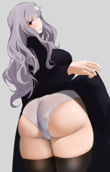 Rule 34 | 1girl, absurdres, ass, blush, breasts, cameltoe, cleft of venus, clothes lift, dress, dress lift, from behind, grey background, hairband, highres, hip focus, huge ass, idolmaster, idolmaster (classic), kumako (kumakonoh), kumako (poch4n), large breasts, long hair, looking at viewer, looking back, naughty face, panties, purple eyes, shijou takane, shiny skin, sideboob, silver hair, smile, solo, thighhighs, underwear, wide hips