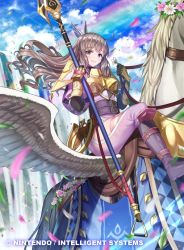 Rule 34 | 1girl, armor, boobplate, breastplate, commentary, company name, copyright name, day, fire emblem, fire emblem awakening, fire emblem cipher, kousei horiguchi, long hair, nintendo, official art, outdoors, pegasus, pegasus knight uniform (fire emblem), smile, sparkle, sumia (fire emblem), wings