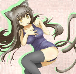 Rule 34 | 1girl, :p, animal ears, blush, breasts, cat ears, cat tail, fukunaga kazuhiro, long hair, multiple tails, one-piece swimsuit, original, school swimsuit, smile, solo, swimsuit, tail, thighhighs, tongue, tongue out, very long hair