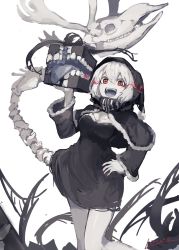 Rule 34 | 10s, 1girl, abyssal ship, alternate costume, animal skull, antlers, bare legs, black santa costume, bone tail, box, breasts, christmas, cleavage, cleavage cutout, clothing cutout, commentary request, dress, female focus, fur trim, gift, gift box, hand on own hip, horns, kantai collection, lansane, long sleeves, looking at viewer, medium breasts, open mouth, re-class battleship, red eyes, reindeer antlers, santa costume, scarf, shawl, short dress, short hair, skull, smile, solo, tail, tongue, tongue out, white background, white hair