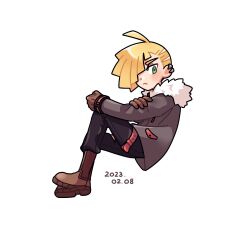 Rule 34 | 1boy, ahoge, alternate costume, black pants, blonde hair, blush, boots, brown footwear, brown gloves, closed mouth, commentary request, creatures (company), daifuku (pokefuka art), dated, ear piercing, from side, game freak, gladion (pokemon), gloves, green eyes, hair over one eye, jacket, long sleeves, looking to the side, male focus, nintendo, pants, piercing, pokemon, pokemon (anime), pokemon journeys, pokemon swsh111, short hair, simple background, sitting, white background
