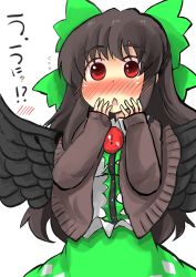 Rule 34 | 1girl, absurdres, black hair, blush, bow, cardigan, chestnut mouth, commentary, flying sweatdrops, gaoo (frpjx283), hair bow, hand to own mouth, highres, red eyes, reiuji utsuho, simple background, solo, surprised, touhou, unyu, white background, wings