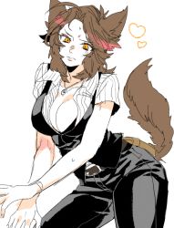 Rule 34 | 1girl, ahoge, animal ears, belt, belt pouch, blush, breasts, brown hair, chanko neru, cleavage, dog ears, dog tail, heart, helena harper, jewelry, kemonomimi mode, large breasts, messy hair, necklace, open clothes, open shirt, pendant, resident evil, resident evil 6, shirt, short sleeves, solo, sweatdrop, tail, vest, yellow eyes