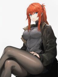 Rule 34 | 1girl, absurdres, bird/binary, black pantyhose, black shorts, blue eyes, bomber jacket, breasts, crossed legs, fregata, grey jacket, grey sweater, hair between eyes, hand on own thigh, highres, jacket, large breasts, las91214, long bangs, open clothes, open jacket, pantyhose, ponytail, red hair, shiny pantyhose, short shorts, shorts, solo, sweater, turtleneck, turtleneck sweater, white background