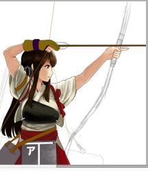 Rule 34 | 10s, 1girl, akagi (kancolle), arrow (projectile), bow (weapon), brown eyes, brown hair, commentary request, drawing bow, gloves, holding, holding bow (weapon), holding weapon, japanese clothes, kantai collection, long hair, matching hair/eyes, muneate, partially fingerless gloves, partly fingerless gloves, red skirt, rigging, sidelocks, single glove, sketch, skirt, sleeves rolled up, solo, tasuki, watanore, weapon, white background, yugake, yumi (bow)