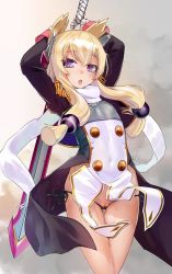 Rule 34 | arms up, azur lane, bare legs, black panties, blonde hair, cleft of venus, cowboy shot, dress, gloves, gluteal fold, hair ornament, holding, holding sword, holding weapon, jpeg artifacts, long hair, long sleeves, looking at viewer, no pants, open mouth, panties, partially visible vulva, purple eyes, pussy, sasayuki, scarf, side-tie panties, sidelocks, solo, sword, thigh gap, underwear, warspite (azur lane), weapon, white gloves, white scarf