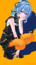 Rule 34 | 1girl, bare shoulders, blue eyes, blue hair, hololive, hoshimachi suisei, looking at viewer, short hair, sleeveless, smile, solo, yuuyu (moco20111115)