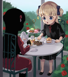 Rule 34 | 2girls, black bow, black dress, black hair, black skin, blonde hair, blue eyes, blunt bangs, bow, bush, chair, colored skin, cookie, cream puff, cup, dress, emilico (shadows house), flower, food, hair bow, hair flower, hair ornament, kate (shadows house), long hair, long sleeves, macaron, multiple girls, open mouth, outdoors, plate, red dress, red flower, red rose, rose, round table, shadow (shadows house), shadows house, sitting, table, tea, teacup, teapot, two side up, yomo (yomooo1313)