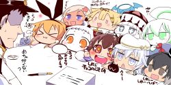Rule 34 | &gt; &lt;, + +, 1boy, 6+girls, :3, :d, > <, abyssal ship, admiral (kancolle), ahoge, arm up, ashtray, black hair, blonde hair, blue eyes, blush stickers, bow, brown eyes, brown hair, chibi, commentary request, covered mouth, drooling, enemy, enemy aircraft (kancolle), epaulettes, closed eyes, faceless, faceless male, fang, flailing, flat cap, flower, nib pen (object), gloves, green eyes, hair between eyes, hair bow, hair flaps, hair flower, hair ornament, hairband, hairclip, hammer and sickle, hand on own cheek, hand on own face, hand up, hat, hibiki (kancolle), kantai collection, long hair, long sleeves, military, military uniform, mini hat, mittens, multiple girls, new submarine princess, northern ocean princess, northern water princess, open mouth, orange eyes, paper stack, peaked cap, pen, remodel (kantai collection), ro-500 (kancolle), sako (bosscoffee), scarf, shimakaze (kancolle), smile, star-shaped pupils, star (symbol), sweatdrop, symbol-shaped pupils, tan, tokitsukaze (kancolle), top hat, translation request, triangle mouth, uniform, verniy (kancolle), white hair, x3, xd, yukikaze (kancolle), yuudachi (kancolle)