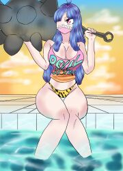 Rule 34 | bikini, bikini bottom only, blue hair, breasts, buoy, cleavage, looking at viewer, mask, mouth mask, multicolored hair, one piece, pink eyes, pool, print shirt, revealing clothes, reverse outfit, shirt, sorambk, sunlight, swimsuit, thighhighs, thighs, ulti (one piece), water, weapon