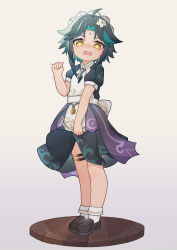 Rule 34 | 1boy, absurdres, aged down, ahoge, black footwear, blush, clenched hand, crossdressing, dark green hair, facial mark, flower, genshin impact, gradient background, gradient hair, green hair, hair flower, hair ornament, highres, lmonster guai, maid, maid headdress, male focus, multicolored hair, open mouth, patterned, patterned clothing, puffy sleeves, socks, solo, tearing up, thigh strap, trembling, wavy mouth, white flower, wind, wind lift, wooden floor, xiao (genshin impact), yellow eyes