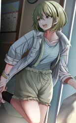 Rule 34 | 1girl, bracelet, collarbone, green eyes, green hair, grey jacket, highres, idolmaster, idolmaster shiny colors, indoors, jacket, jewelry, looking to the side, mashiba lei, nanakusa nichika, removing shoes, shirt, short hair, shorts, sleeves rolled up, solo, standing, standing on one leg, striped clothes, striped shirt, suspender shorts, suspenders
