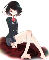 Rule 34 | 10s, 1girl, angorira, another, bad id, bad nicoseiga id, barefoot, black hair, blush, eyepatch, full body, misaki mei, open mouth, red eyes, school uniform, short hair, simple background, skirt, solo, white background