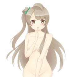 Rule 34 | 10s, 1girl, blush, bow, breasts, brown eyes, convenient arm, convenient censoring, covering privates, covering breasts, covering crotch, finger to mouth, futaba kurumi, green bow, grey hair, hair bow, hair censor, hair over breasts, hair over one breast, long hair, looking at viewer, love live!, love live! school idol project, medium breasts, minami kotori, navel, nude, parted lips, side ponytail, simple background, solo, standing, white background