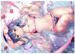 Rule 34 | 1girl, absurdres, arm up, armpits, bikini, black bikini, black hair, blush, bracelet, breasts, bubble, closed mouth, collarbone, flower, frilled bikini, frills, hair ornament, halterneck, hand up, highres, huge filesize, jewelry, long hair, looking at viewer, lying, medium breasts, multi-strapped bikini, nanami yuuno, navel, nipples, on back, open clothes, open shirt, original, parted lips, partially submerged, rose, scan, shiny skin, shirt, short sleeves, side-tie bikini bottom, solo, sousouman, stomach, swimsuit, thighs, water, wet, wet clothes, white shirt, x hair ornament, yellow eyes
